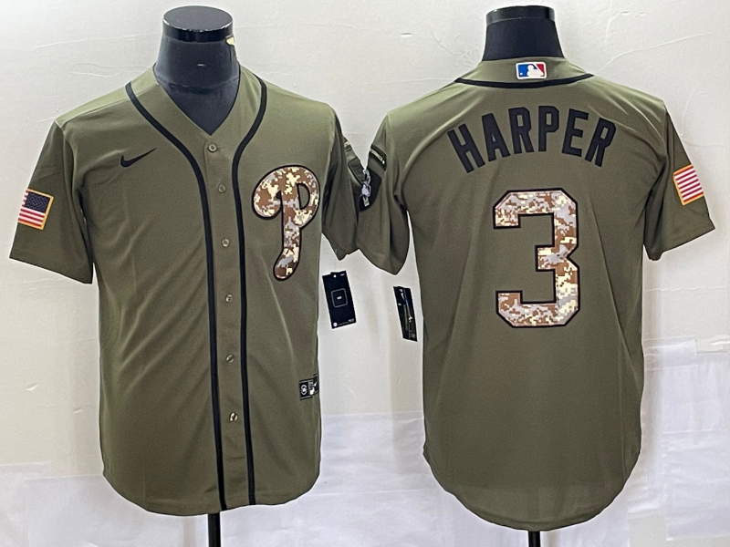 Men's Philadelphia Phillies Bryce Harper #3 Army Green Jersey